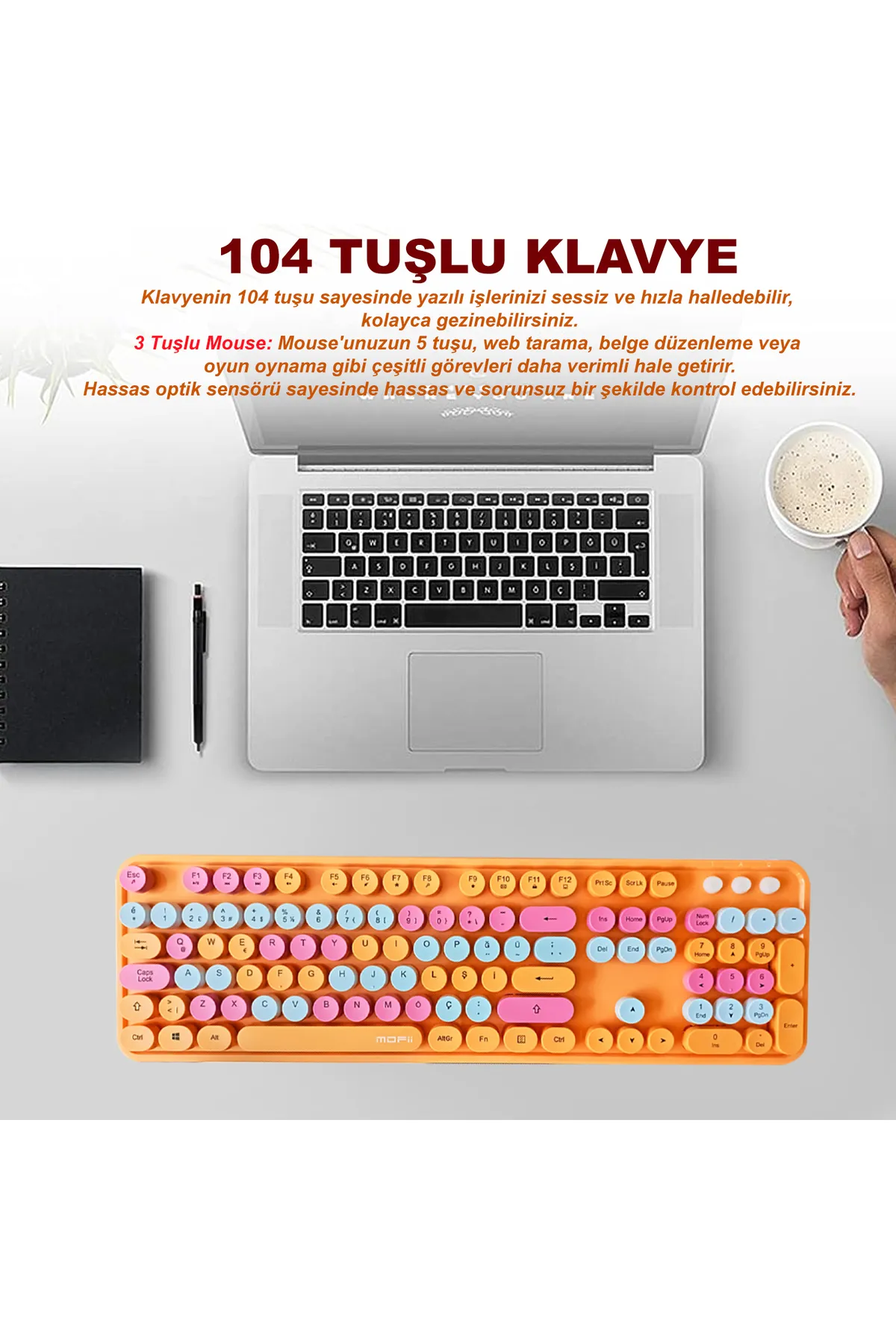 Bilişim Burada Mofii Sweet Serisi Renkli Retro Yuvarlak Tuşlu Turuncu Kablosuz Klavye Mouse Set Türkçe 